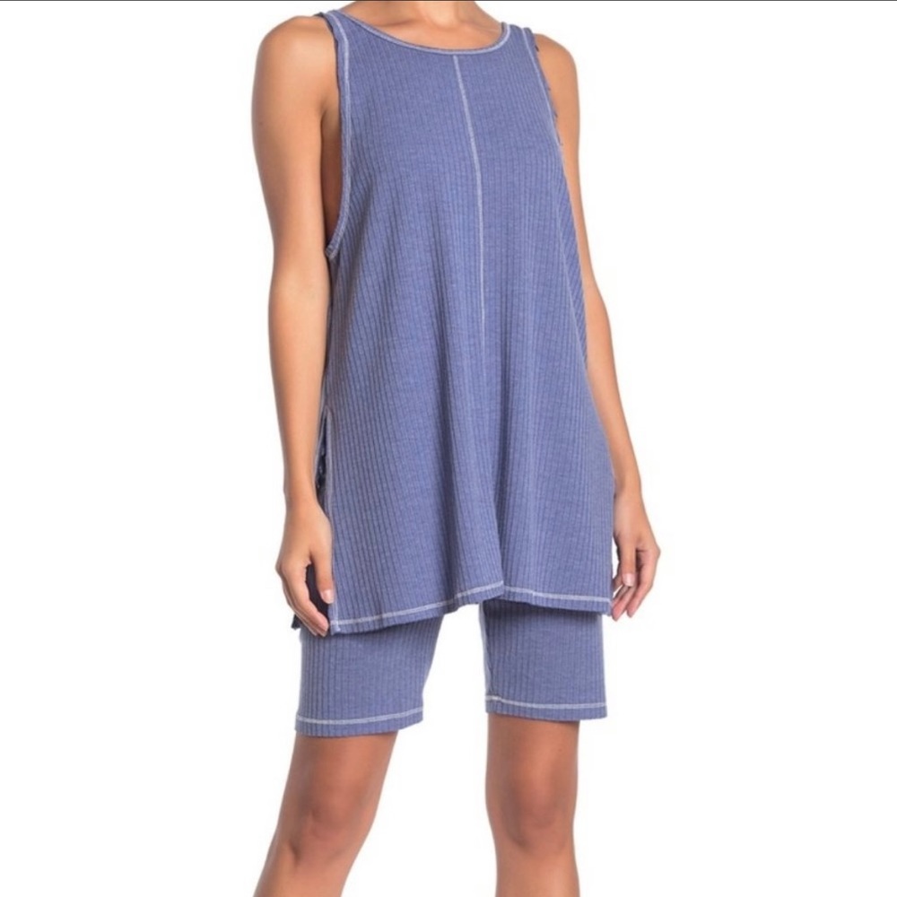 Free People Take Two Blue Tank & Bike Shorts Set